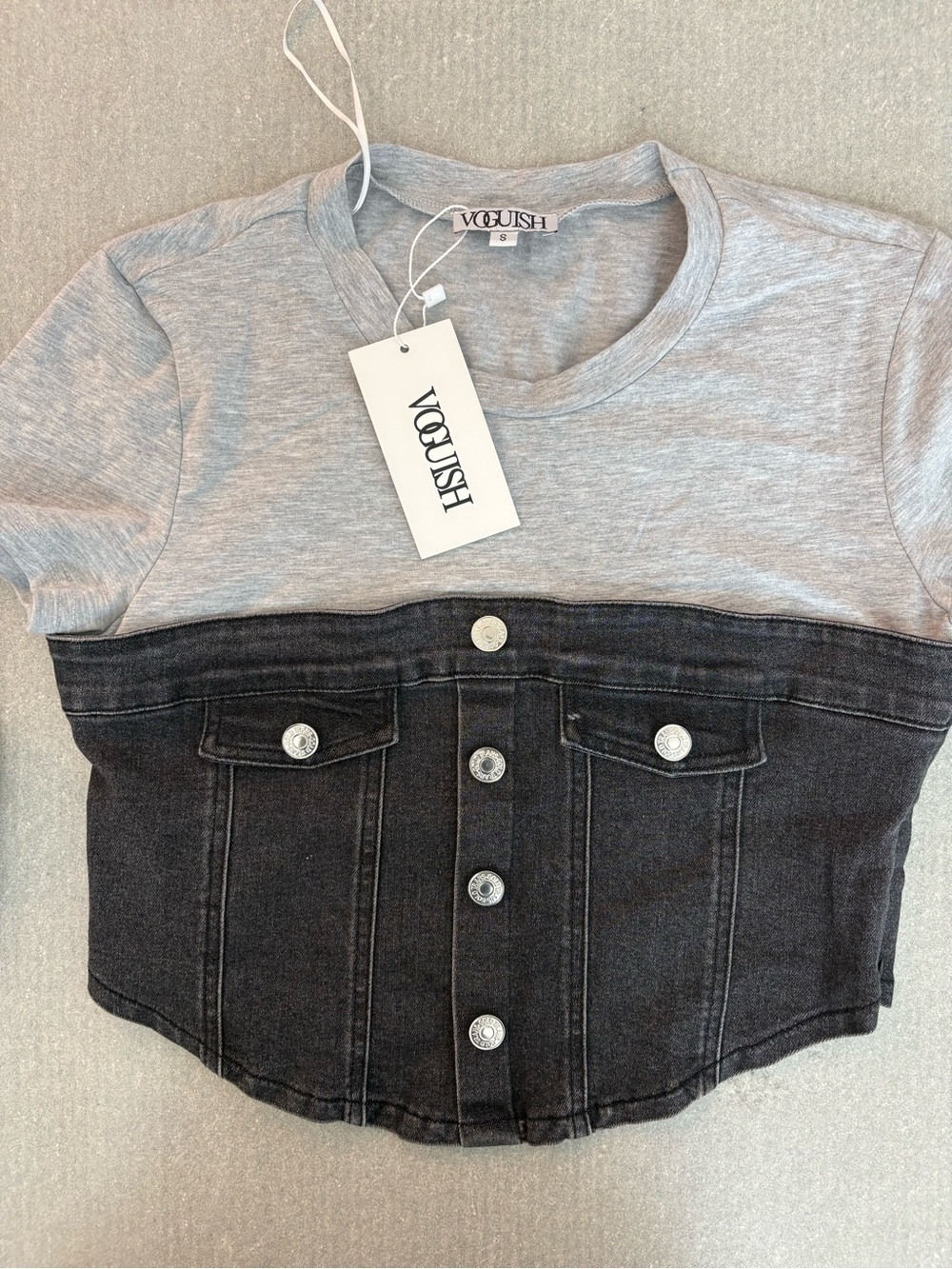 Women's Grey Tee with Black Denim Corset Overlay Crop Top